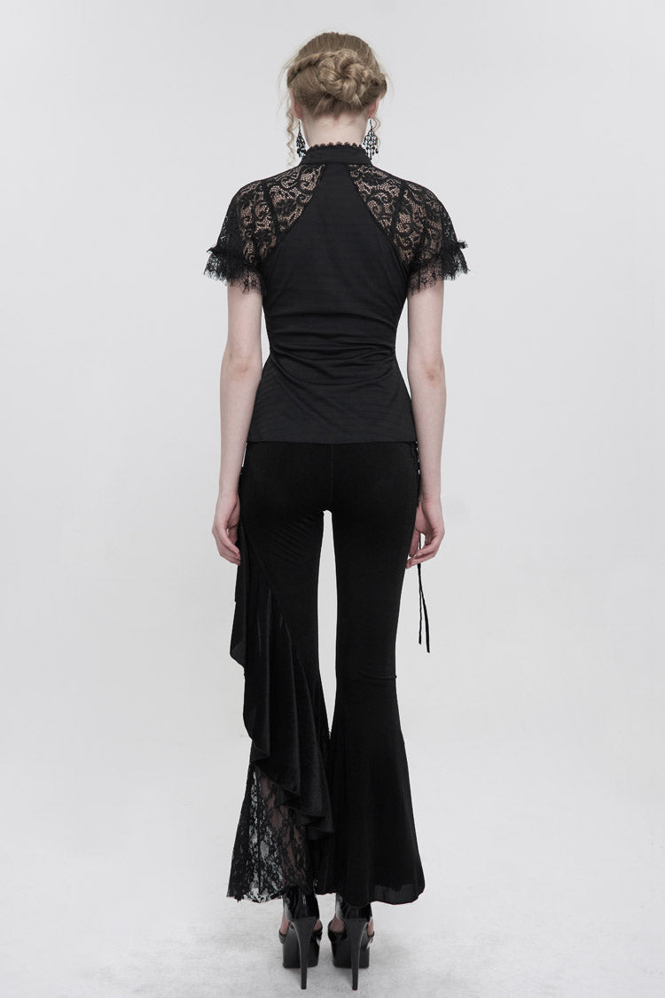 Black Velvet Single Side Stitching Rose Net Side Rope Decoration Asymmetric Pattern Flare Women's Gothic Pants - Product - 7
