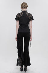 Black Velvet Single Side Stitching Rose Net Side Rope Decoration Asymmetric Pattern Flare Women's Gothic Pants - Product - 7