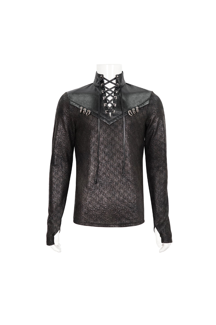 Black Stand Collar Long Sleeves Faux Leather Splice Men's Gothic Shirt - Product - 5