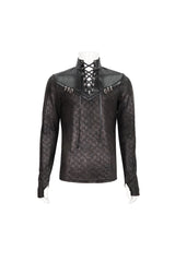 Black Stand Collar Long Sleeves Faux Leather Splice Men's Gothic Shirt - Product - 5