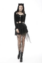 Black Long Sleeves Irregular Moon-shaped Zipper Women's Punk Crop Top with Cat's Ears Hood - Product - 7