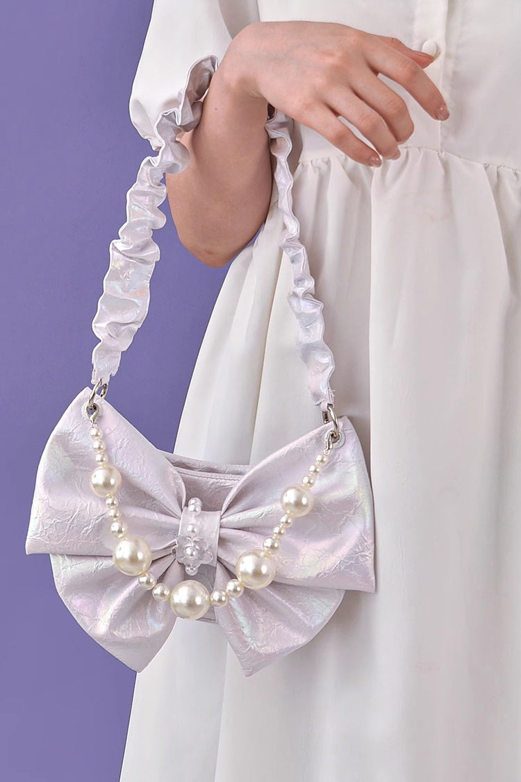 White Pearl Chain Bowknot Sweet Lolita Shoulder Bag 2 Colors - White - 2