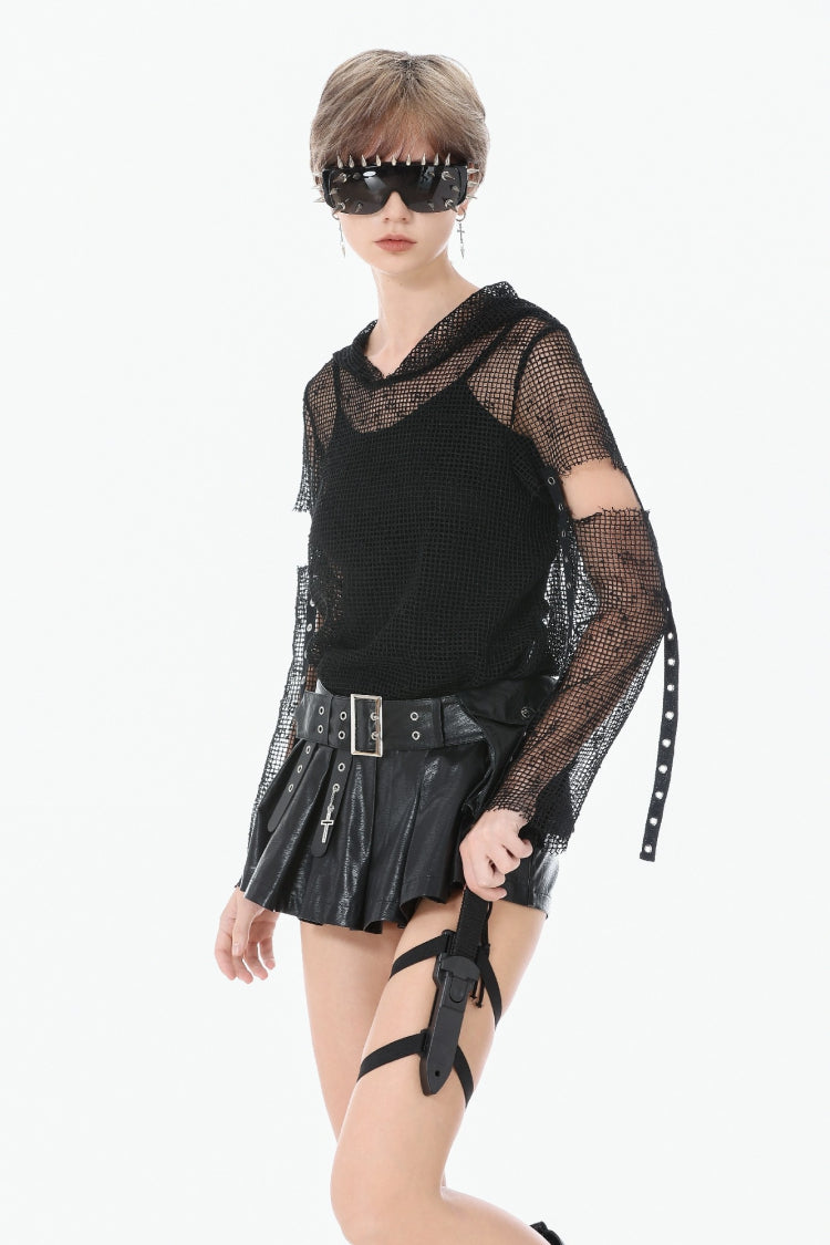 Black Low Waisted Eyelet Women's Punk Shorts with Asymmetric Pleated Belt - Product - 2
