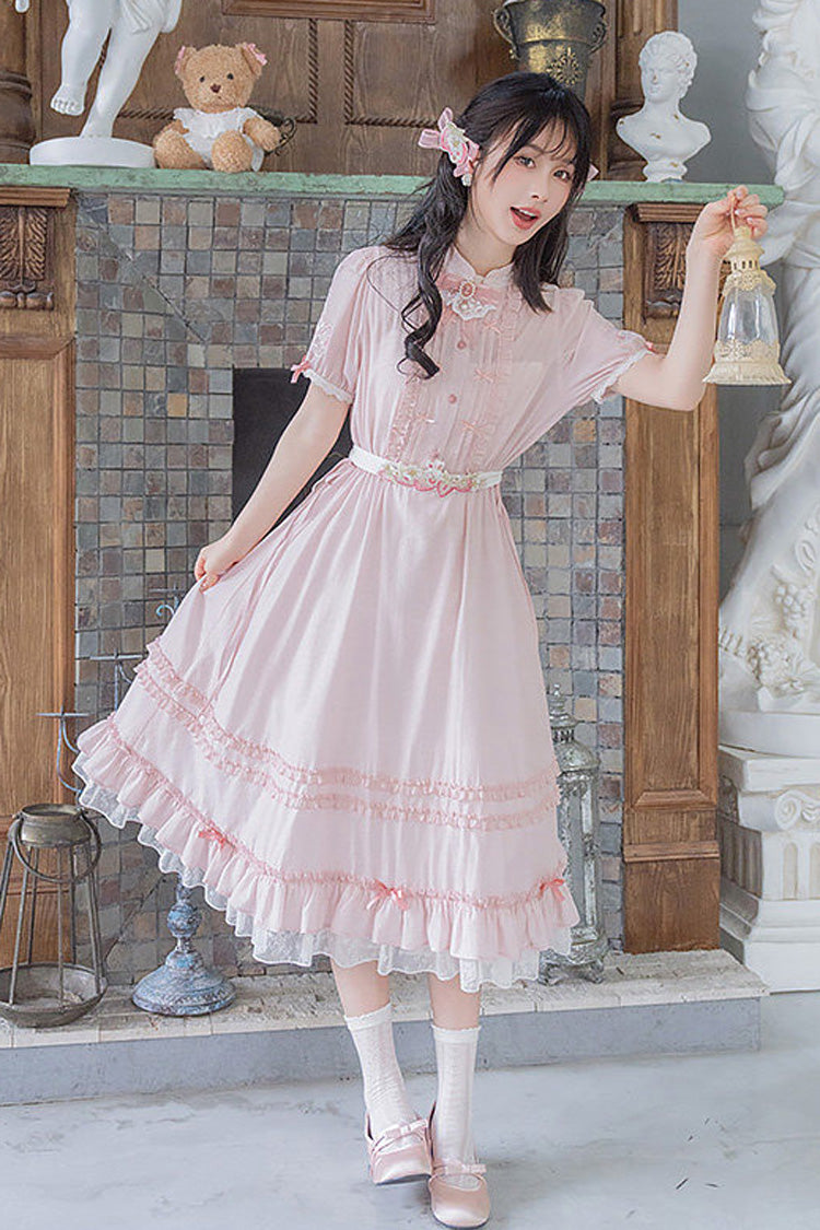 Pink Stand Collar Short Sleeves Ruffled Embroidered Lace Sweet Chinese Inspired Lolita Dress - Product - 7