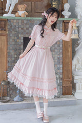 Pink Stand Collar Short Sleeves Ruffled Embroidered Lace Sweet Chinese Inspired Lolita Dress - Product - 7