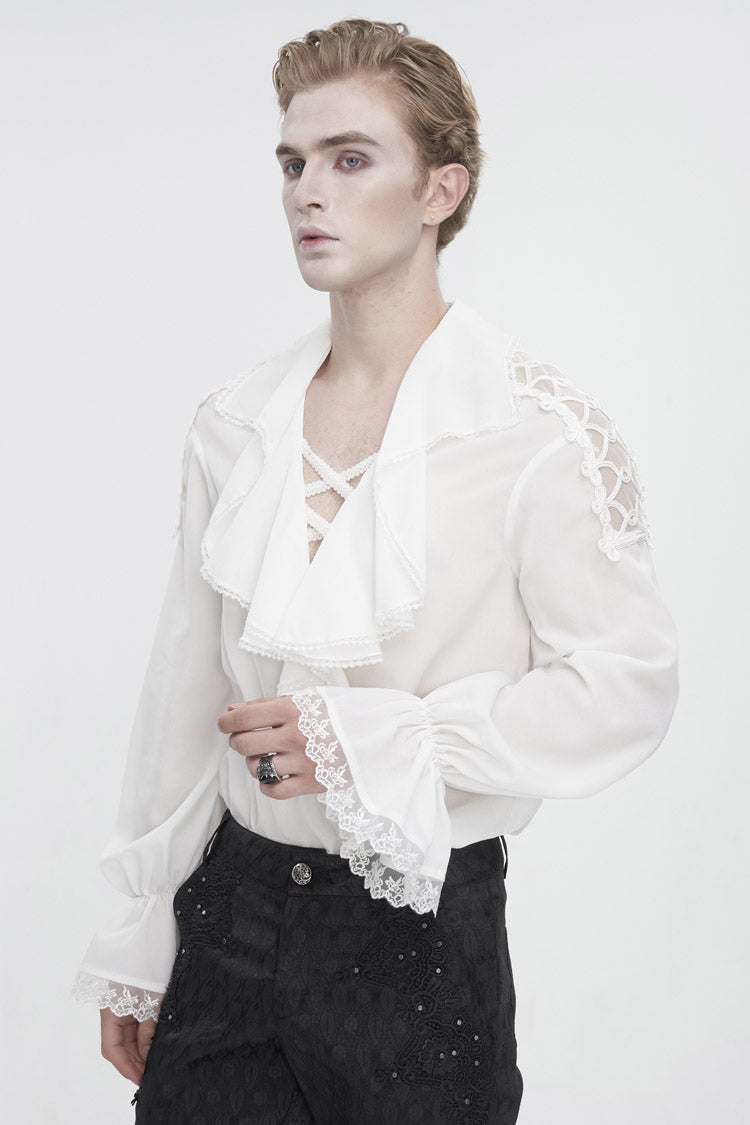 White Ruffled Collar Puff Sleeved Men's Gothic Shirt - Product - 3
