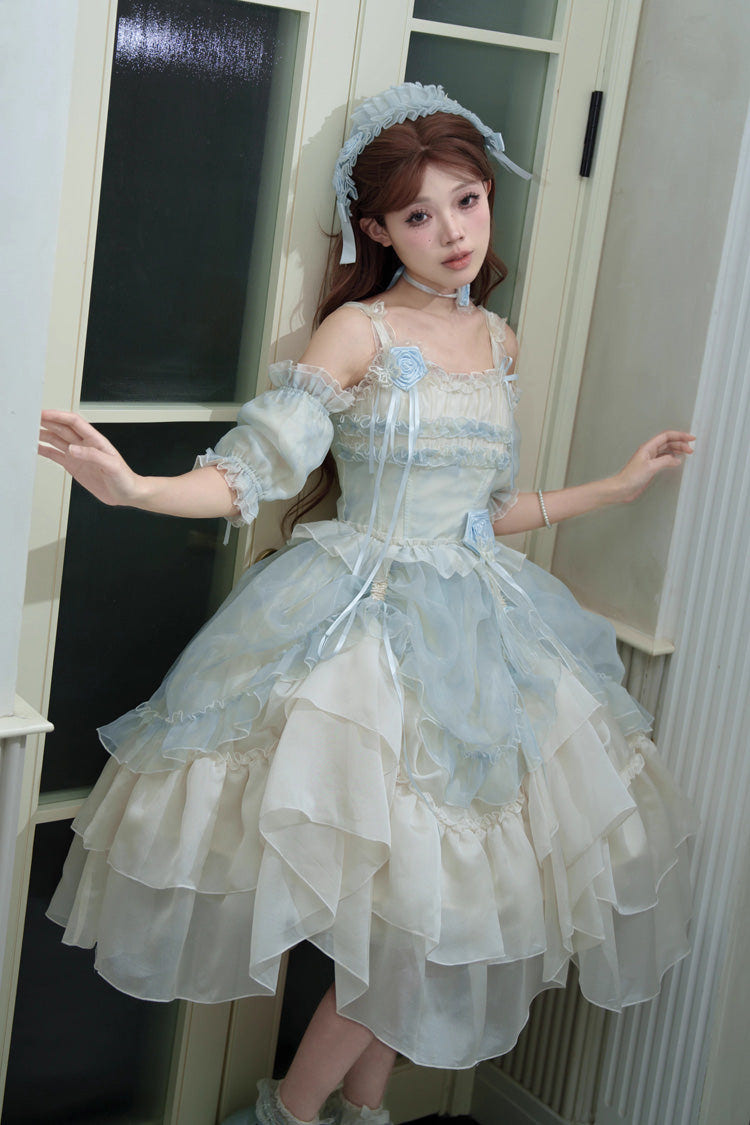 [Goodnight Camellia] Sleeveless Ombre Multi-Layered Printed Ruffled Lace Fishbone Sweet Lolita Jsk Dress 3 Colors - Product - 12