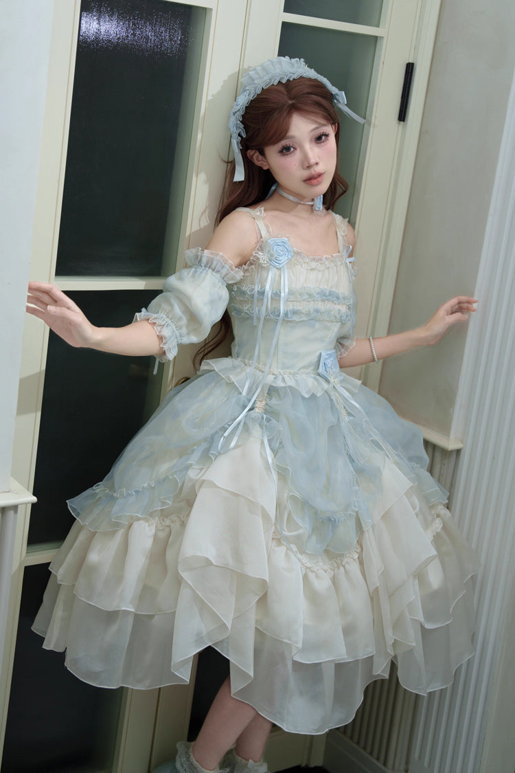 [Goodnight Camellia] Sleeveless Ombre Multi-Layered Printed Ruffled Lace Fishbone Sweet Lolita Jsk Dress 3 Colors - Product - 12