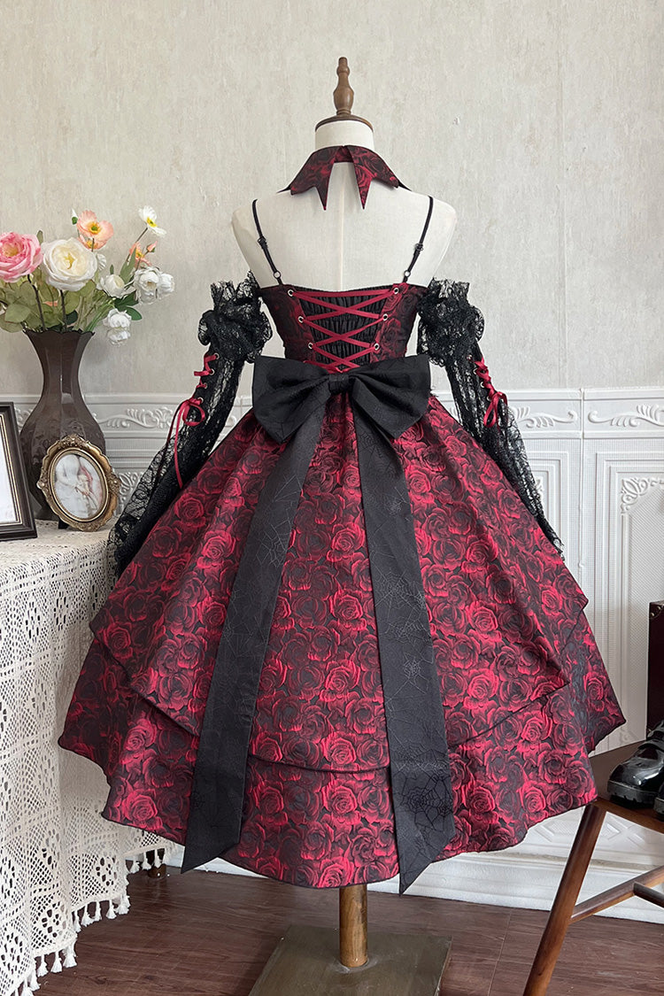 Red [Rose Dish] Ruffle Embroidery Cardigan Bowknot Lace-Up Gothic Lolita Jsk Dress - Product - 10