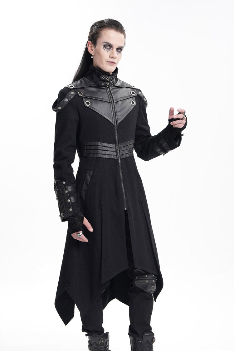 Black Stand Collar Eyelets Buckle-up Ring Long Sleeves Stitching Men's Gothic Coat - Product - 5