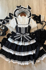 Black [Maiden Heart] Triple-Layered Ruffle Bowknot Lace Sweet Lolita Jsk Dress - Product - 3