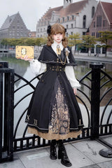 Black [Dragon’s Aria] Long Sleeves Printed Embroidered College Style Gothic Vintage Lolita Dress Three-Piece Set - Product - 8
