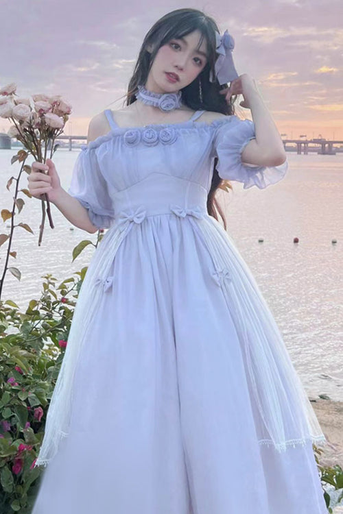 Boat Neck Bubble Short Sleeve Flower Embellished High Waisted Sweet Lolita Dress - Product - 8