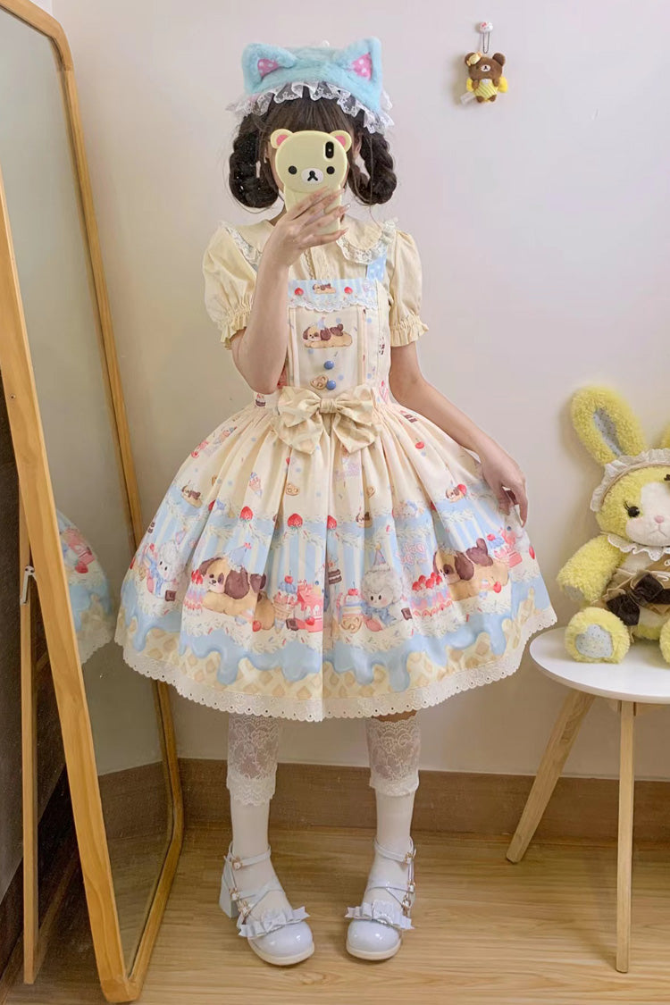 Cream Party Print Bowknot Stitching Lace Sweet Lolita Jsk Dress 3 Colors - Product - 6