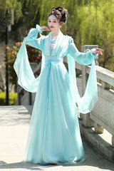 Blue Long Sleeves Print Embroidery Women's Sweet Classic Hanfu Dress Full Set - Blue - 1
