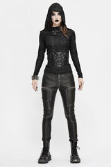 Black Punk Biker Block Shaped Patchwork Hand Rubbed Leather Womens Pants - Product - 6