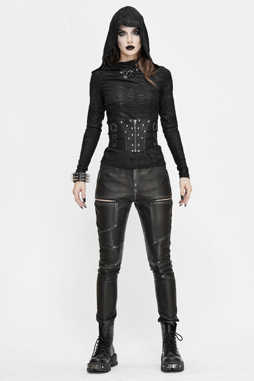 Black Punk Biker Block Shaped Patchwork Hand Rubbed Leather Womens Pants - Product - 6