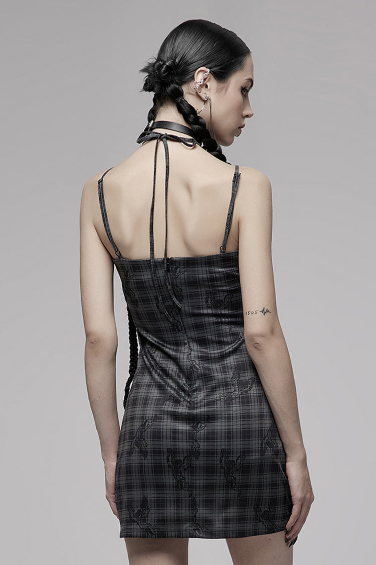 Grey Knitted Stretch Hollow-Carved Design Drawstring Bodycon Shoulder Strap Halter Neck Women's Punk Dress - Product - 3
