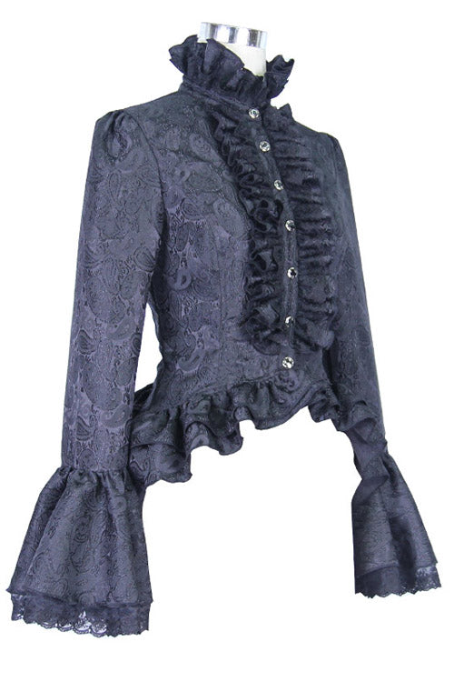 Black Trumpet Sleeves Lace Ruffled Vintage Print Womens Gothic Blouse - Product - 5