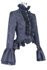 Black Trumpet Sleeves Lace Ruffled Vintage Print Womens Gothic Blouse - Product - 5