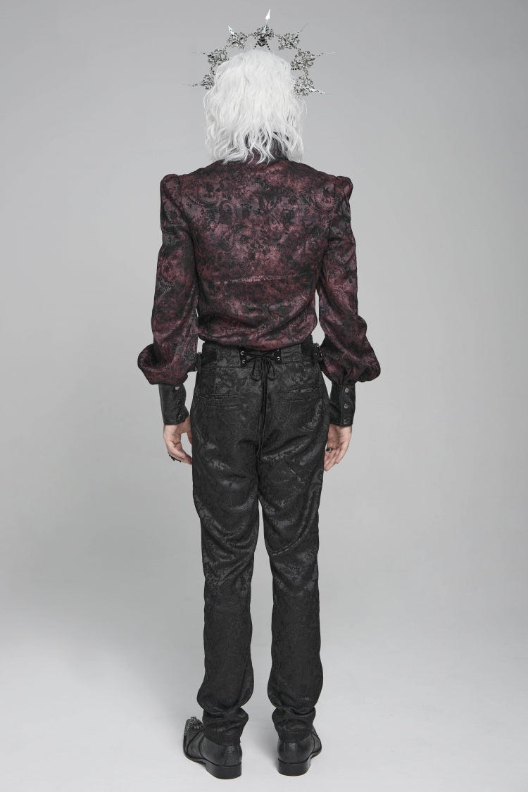 Black/Red Stand Collar Long Lantern Sleeves Floral Print Embroidery Men's Gothic Blouse - Product - 9