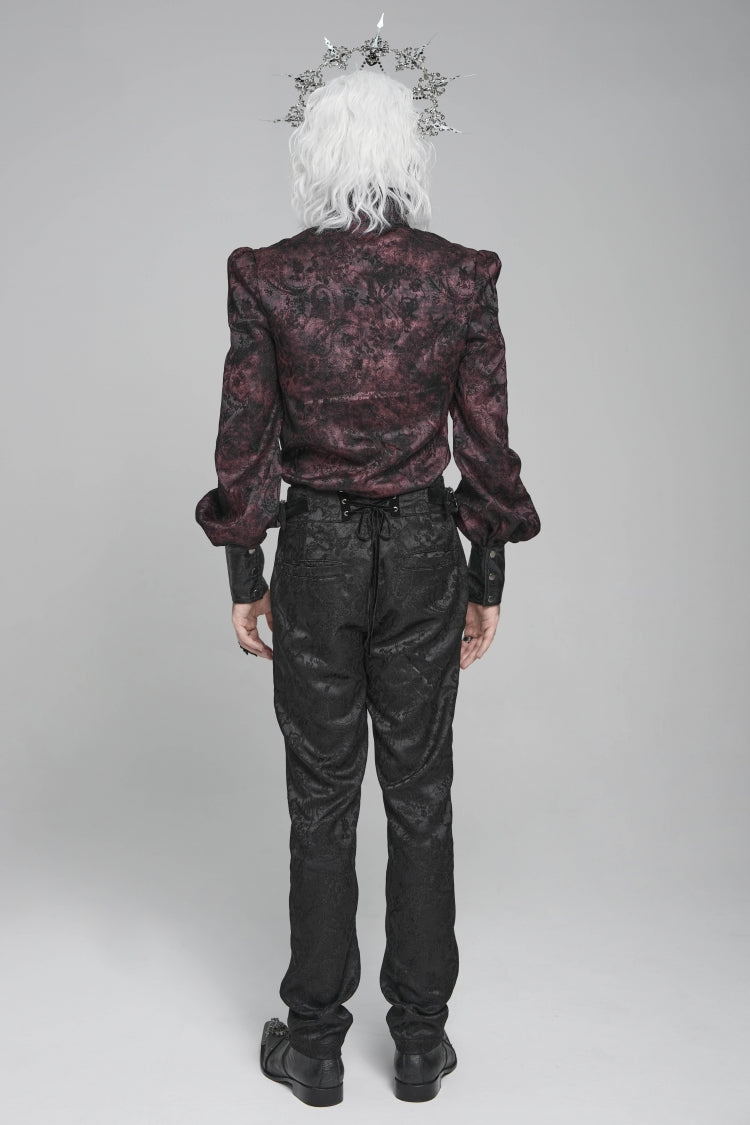 Black/Red Stand Collar Long Lantern Sleeves Floral Print Embroidery Men's Gothic Blouse - Product - 9