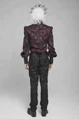 Black/Red Stand Collar Long Lantern Sleeves Floral Print Embroidery Men's Gothic Blouse - Product - 9