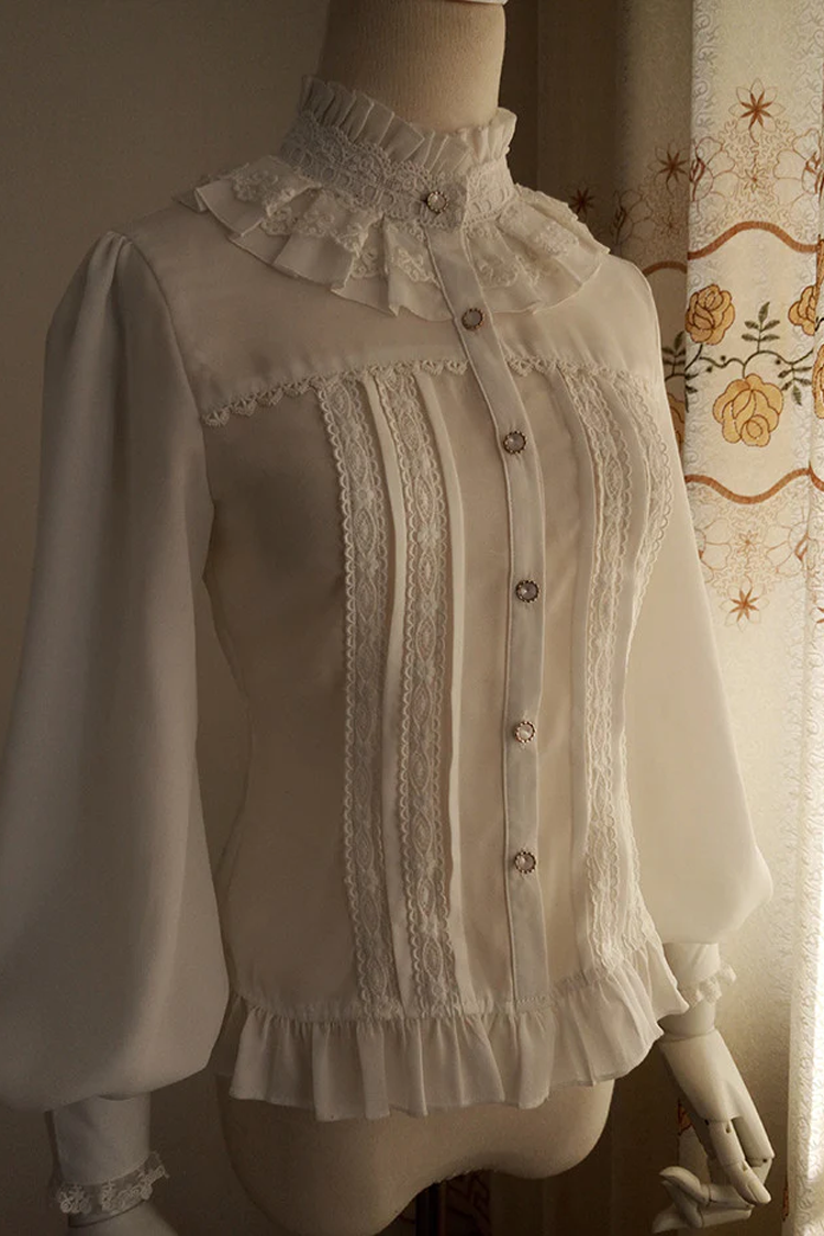 Vintage Princess Stand Collar Long Sleeved Chiffon Lace Lolita Blouse - Product - 3