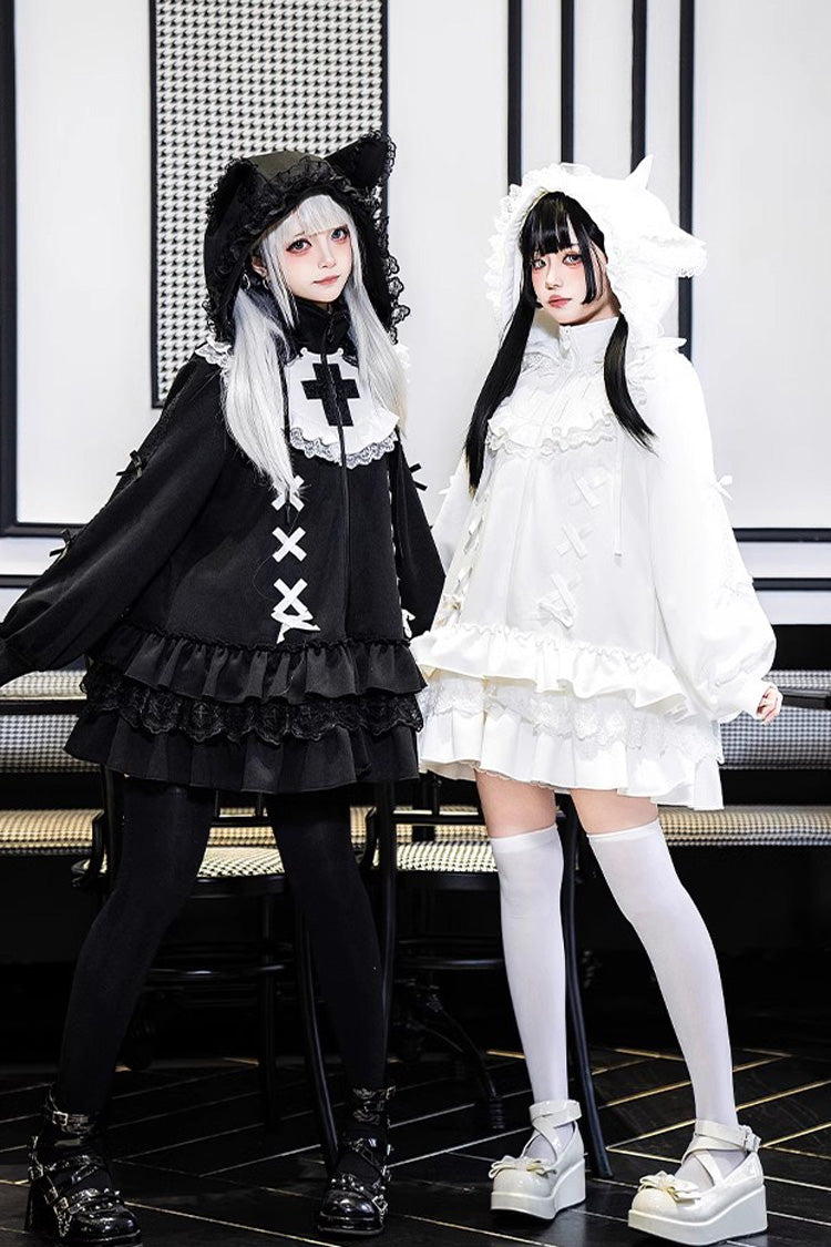 Black Long Sleeves Ruffle Zipper Sweet Handsome Lolita Sweatshirt Coat - Product - 2