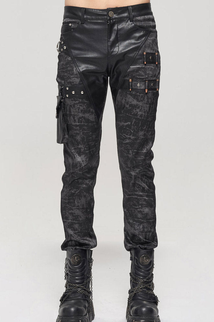 Black Punk Do Old Print Detachable Multi-Pocket Splicing Metal Rivet Decoration Men's Long Pants - Black - 1