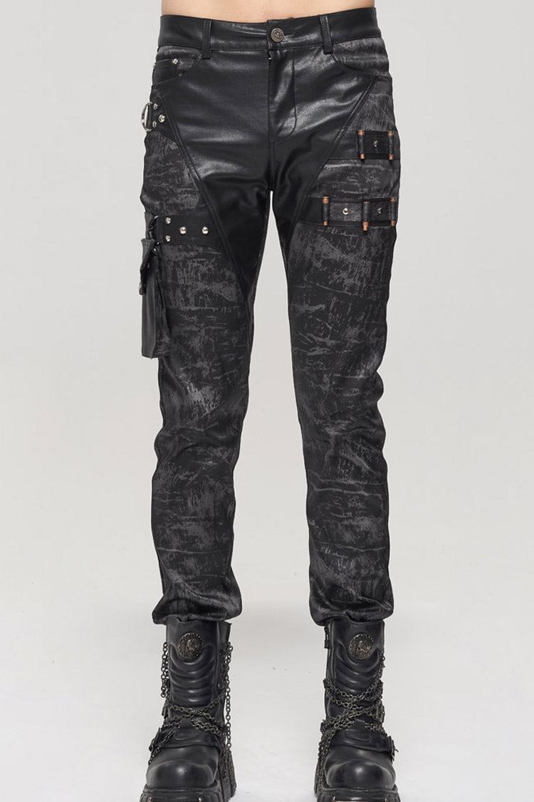 Black Punk Do Old Print Detachable Multi-Pocket Splicing Metal Rivet Decoration Men's Long Pants - Black - 1