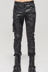Black Punk Do Old Print Detachable Multi-Pocket Splicing Metal Rivet Decoration Men's Long Pants - Black - 1