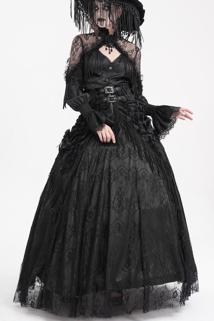 Black Print Embroidery Tassels Buckle-up Lace-Up Women's Gothic Long Skirt - Product - 9