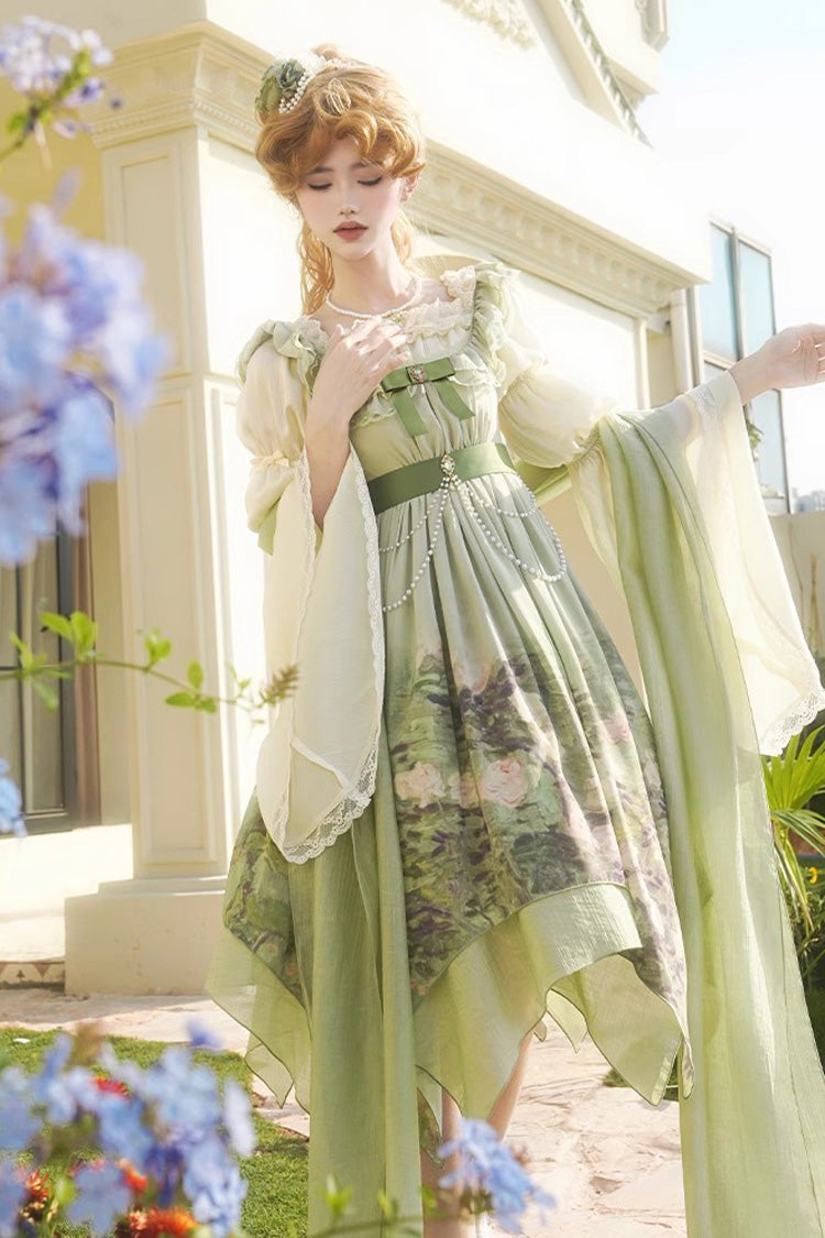 Green [Blooming Roses] Print Oil Painting Chiffon Ruffle Bowknot Irregular Sweet Lolita Jsk Dress - Green - 1