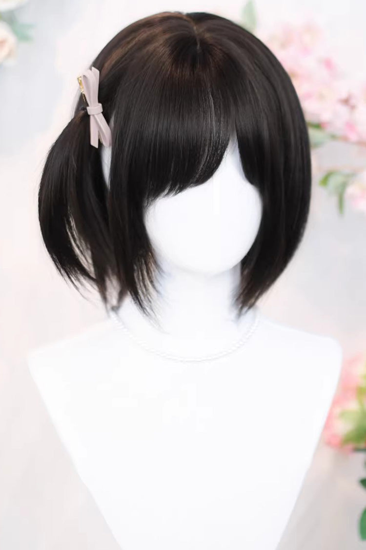Black Tea Brown Straight Cute Bun Ponytail Doll-Like Sweet Lolita Short Wig - Product - 2