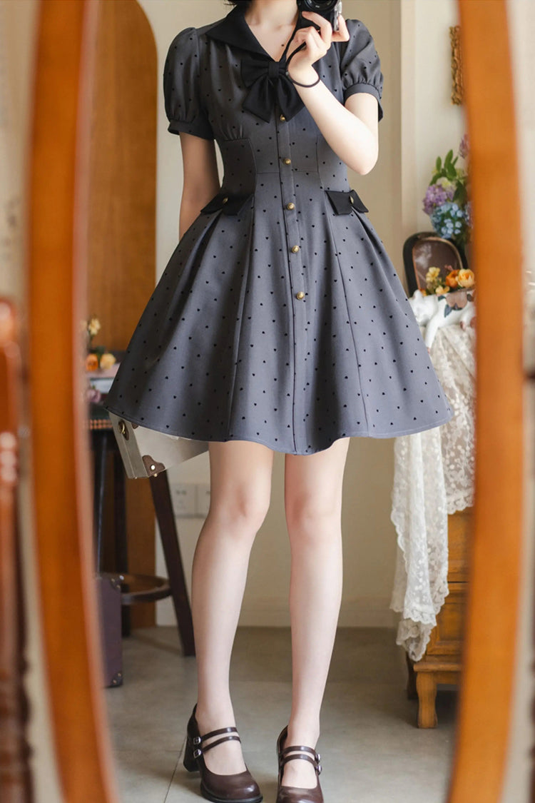 Grey [Forest Boulotty] Lapel Collar Short Sleeves Heart-Shaped Polka Dot Printed Bow Sweet Lolita Dress - Product - 5