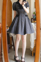 Grey [Forest Boulotty] Lapel Collar Short Sleeves Heart-Shaped Polka Dot Printed Bow Sweet Lolita Dress - Product - 5