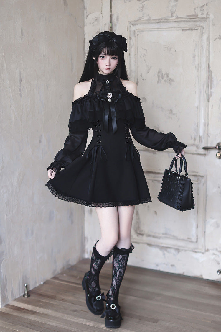 Black Off Shoulder Halterneck Long Sleeves Ruffled Bow Lace-Up Gothic Japanese Jirai Kei Dress - Product - 3