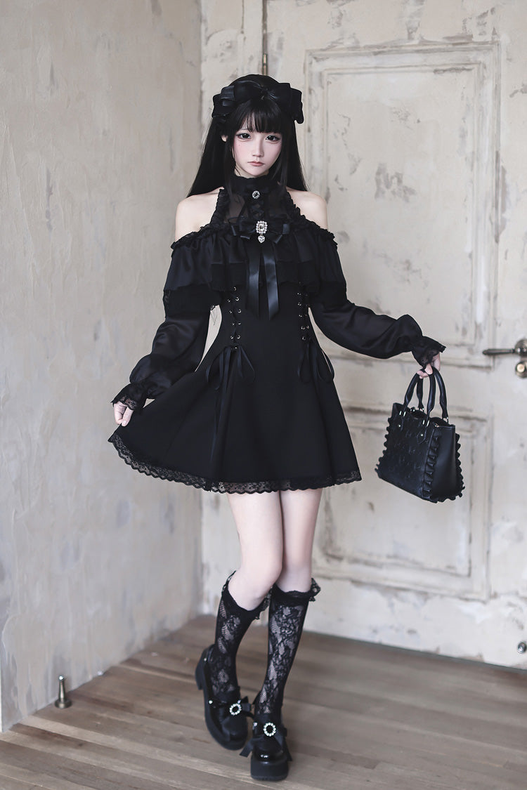 Black Off Shoulder Halterneck Long Sleeves Ruffled Bow Lace-Up Gothic Japanese Jirai Kei Dress - Product - 3