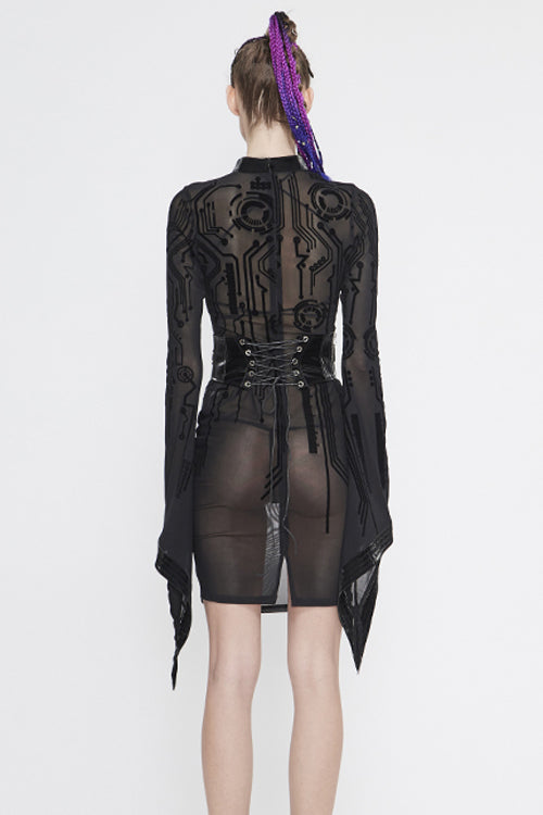 Black Circuit Diagram Flocking Printed Flared Sleeve Womens Gothic Dress - Product - 5