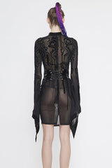 Black Circuit Diagram Flocking Printed Flared Sleeve Womens Gothic Dress - Product - 5