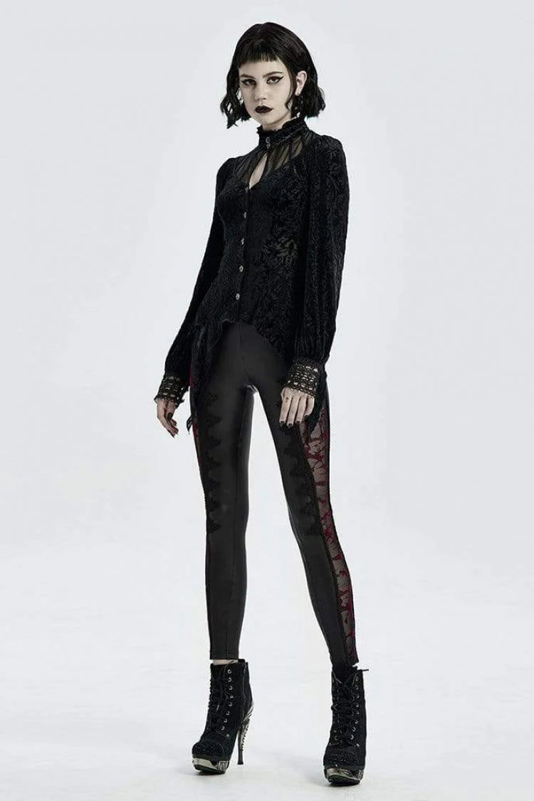 Black High Collar Long Sleeves Floral Print Hollow Stitching Irregular Hem Womens Gothic Blouse - Product - 4