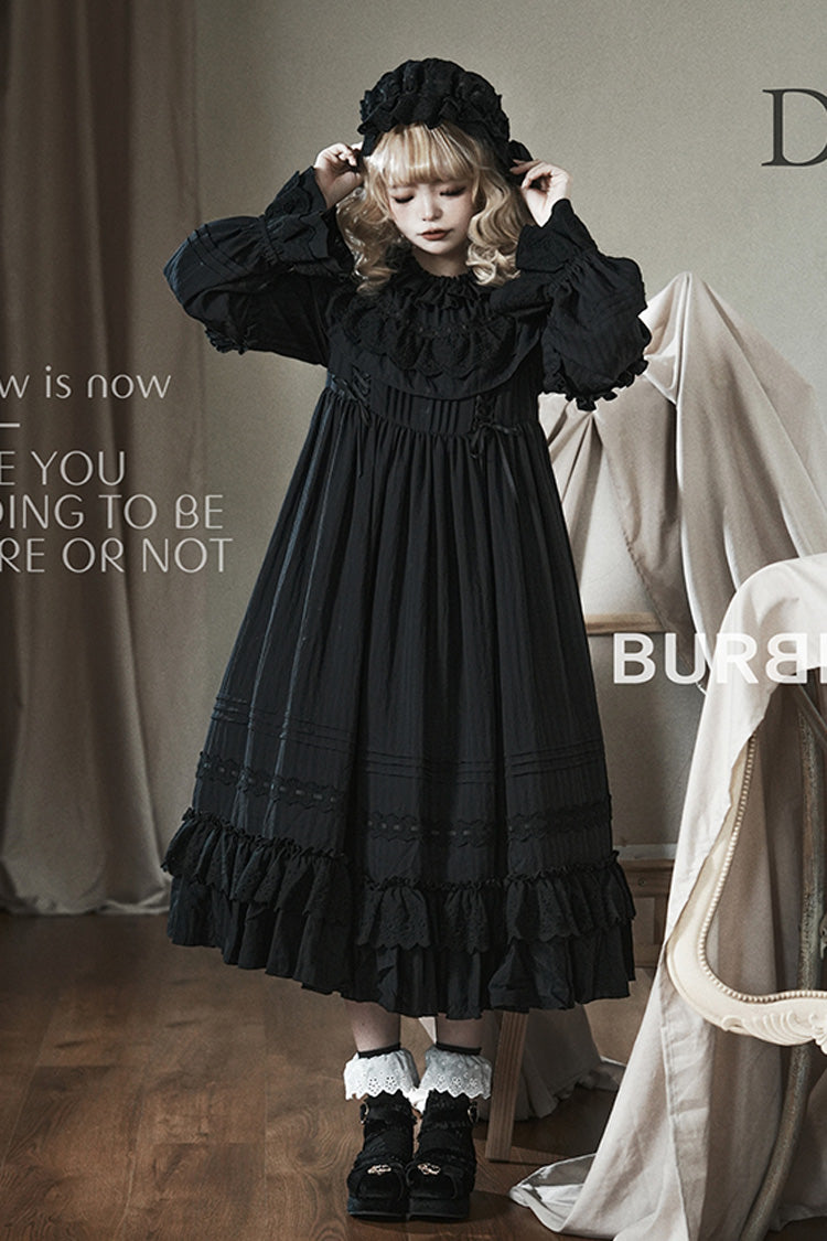 Black [Good Night] Long Sleeves Double-Layered Ruffle Bowknot Lace-Up Holy Gothic Lolita Dress - Black - 1