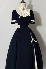 Black/White Short Sleeves Color-blocked with Detachable Embroidered Faux Collar Gothic Lolita Dress - Product - 9