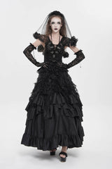 Black V Collar Short Sleeves Embroidered Lace Lace-Up Slim Women's Gothic Top - Product - 12