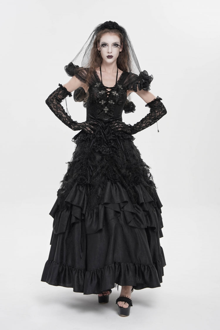 Black V Collar Short Sleeves Embroidered Lace Lace-Up Slim Women's Gothic Top - Product - 12