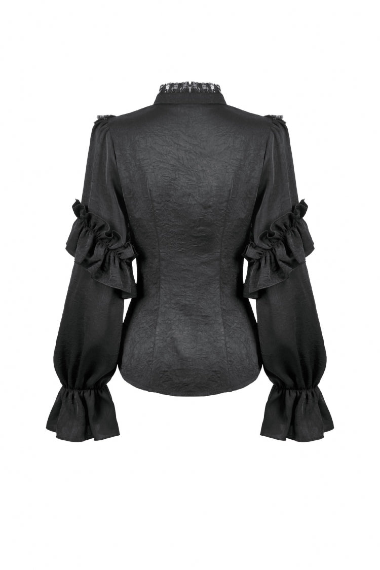 Black Sheer Stand Collar Ruffled Long Lantern Sleeves Women's Gothic Blouse - Product - 14