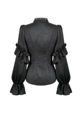 Black Sheer Stand Collar Ruffled Long Lantern Sleeves Women's Gothic Blouse - Product - 14