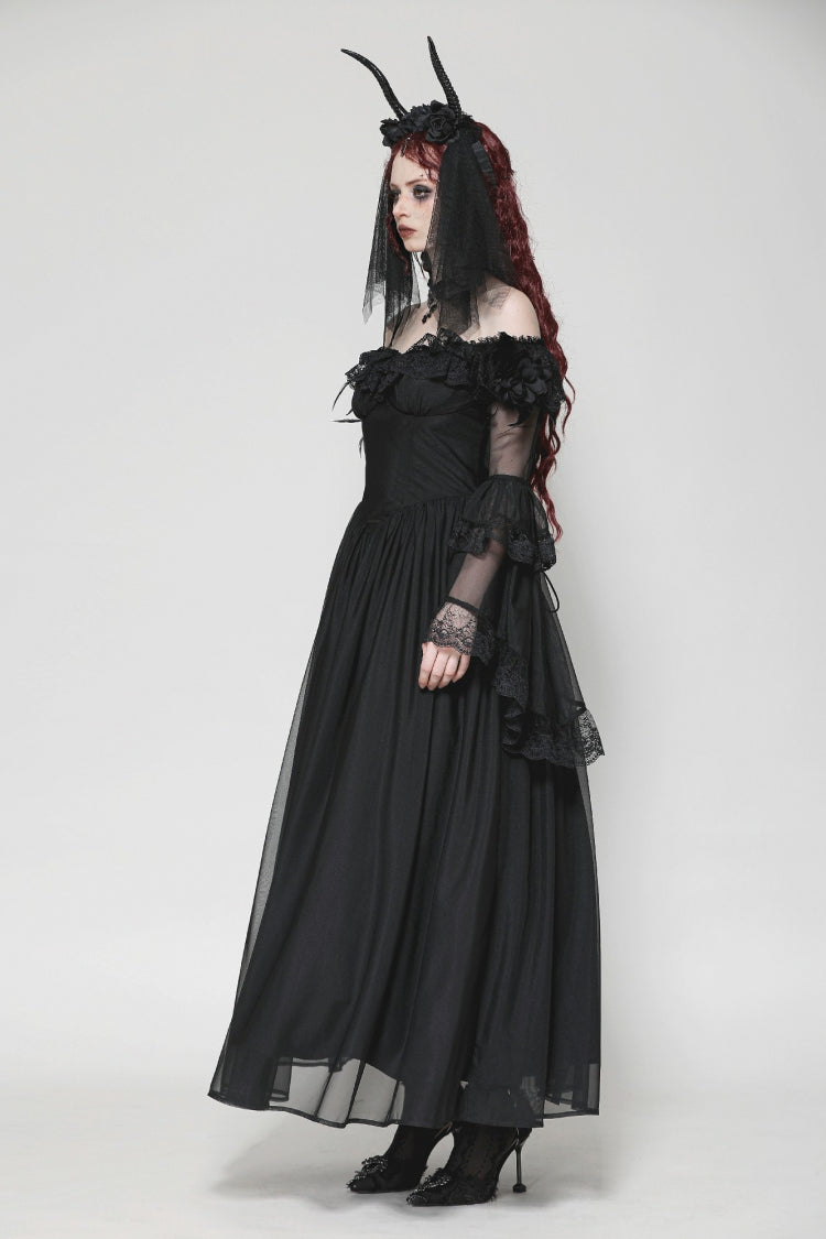 Black Off Shoulder Boat Neck Multi-Layered Long Trumpet Sleeves Lace Spliced Tulle Lace-Up Women's Gothic Fantasy Dress - Product - 2
