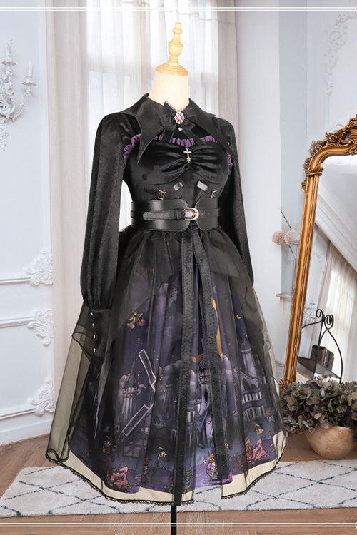Black Witch Town Print With Veil Gothic Lolita JSK Dress - Product - 6